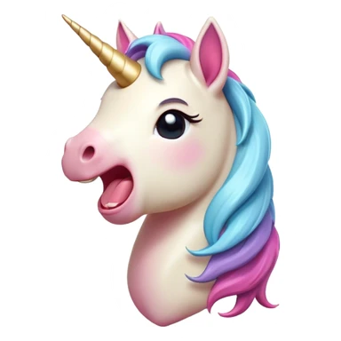Cinematic Cute Yawning Unicorn Pony Portrait Emoji, Head tilted slightly with a dramatic, wide-open yawn, showcasing a petite, softly glowing form with a gently drooping mane, a subtle, shimmering horn and sleepy, half-closed eyes, Simplified yet irresistibly adorable features, highly detailed, glowing with a soft, cozy pastel glow, high shine, relaxed yet expressive, stylized with a dash of whimsical enchantment, soft glowing outline, capturing the essence of a drowsy yet affectionate unicorn pony that appears ready to stretch and yawn its way off the screen! sticker