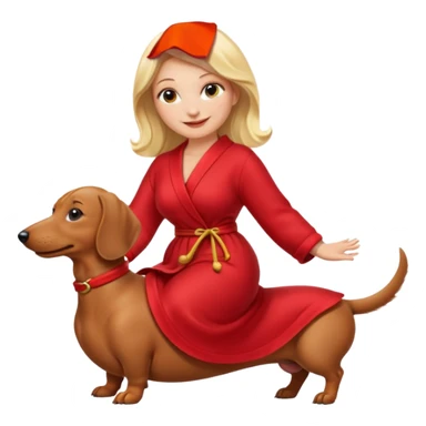 A blonde curvy woman riding on top of a dachshund wearing a red robe sticker