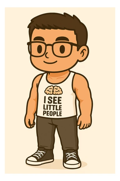 Full body illustration of a young, strong man with short dark hair and glasses, wearing a white gym tank top with the phrase 'I SEE LITTLE PEOPLE', sweatpants, and All Star style sneakers. The style is cute, cartoon, and simplified like chibi stickers, showing the entire body including feet, with bold black lines and soft colors. sticker