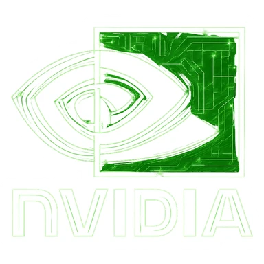 Transform the NVidia logo into a cyberpunk, holographic style with glowing neon green edges and intricate circuit patterns throughout the entire icon. Maintain the recognizable NVidia eye shape and keep the main color green, overlaying neon and circuit effects in a futuristic, clean cyberpunk style. The whole icon should have a consistent cyberpunk glow and detailed circuit elements on a transparent background, inspired by previous cyberpunk icons. sticker