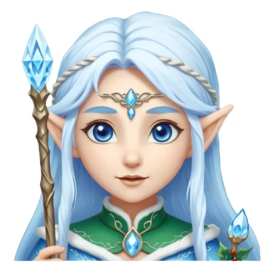 Legendary fantasy Christmas elf portrait icon, Santa Claus and Snow Maiden inspired, ancient winter spirit style, long flowing white-blue hair, glowing frost eyes, crystal staff, elegant elven features, divine winter magic aura, icy silver color palette, highly detailed but clean emoji icon sticker