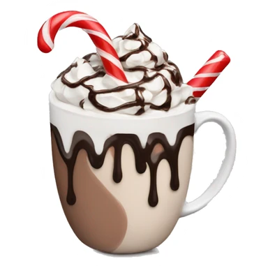 Hot chocolate with whip cream and chocolate drizzle with a candy cane sticker