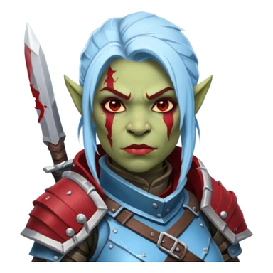 Fantasy Christmas orc legion soldier icon, iron tundra army theme, heavy winter armor, disciplined brutal look, cold steel armor cracked with frozen crimson lines, bloodfrost effect, icy blue and dark red color palette, minimal clean emoji style, female variant sticker