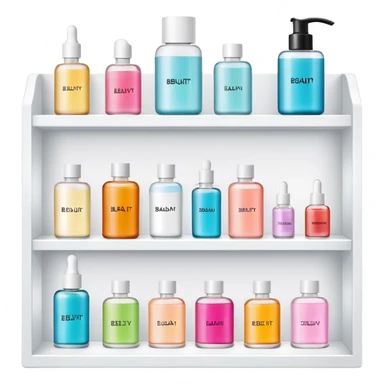 big long white shelf with one serum bottle labeled beauty brand and big sticky note next to it sticker