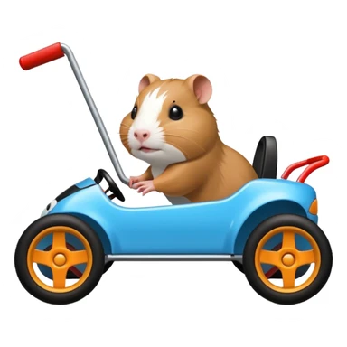 Racing drift car whose frame and suspension is made of shopping cart material and flat panel body is being professionally steered driven by a small thin Guinea pig  sticker