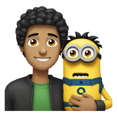 white male, brown eyes, black hair hugging and holding a minion with green eyes sticker