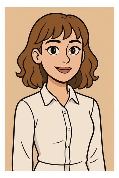 cartoon-style AI avatar, 22-year-old woman, brown eyes, light brown shoulder-length hair with soft curls and bangs, light makeup, white dress shirt sticker