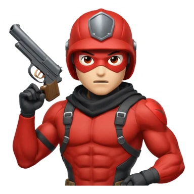 redhood with helmet and visor and pistol sticker