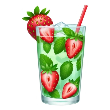 A 3D cartoon glass of strawberry mojito with mint leaves, ice cubes, and sliced strawberries, condensation on glass, bright lighting, Memoji-style realism. sticker