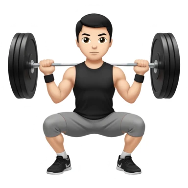 Hombre de cabello negro, tez moreno claro, vestido con playera negra, pants gris y tenis blancos tipo jordan haciendo sentadilla libre con barra con un disco de 20 kilos por lado visto de perfil  sticker