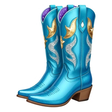 Realistic  blue fashion cowgirl boots with sparkly shiny glitter  sticker