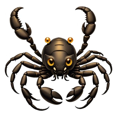 Cinematic Cute Emperor Scorpion Portrait Emoji, Head tilted playfully and inquisitively, with a compact, rugged build and a sleek, dark exoskeleton highlighted by delicate, intricate patterns and round, sparkling eyes full of curious defiance, Simplified yet irresistibly adorable features, highly detailed, glowing with a warm, friendly glow, high shine, affectionate and quirky, stylized with a touch of desert whimsy, soft glowing outline, capturing the essence of a mischievous yet endearing scorpion that feels like it could pinch its way out of the screen into your arms! sticker