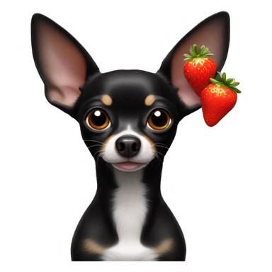 Long black chihuahua with a white mouh and dash under ears and a strawberry in its mouth sticker