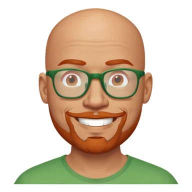 muscular bald man with red goatee and glasses, smiling, wearing a green shirt sticker
