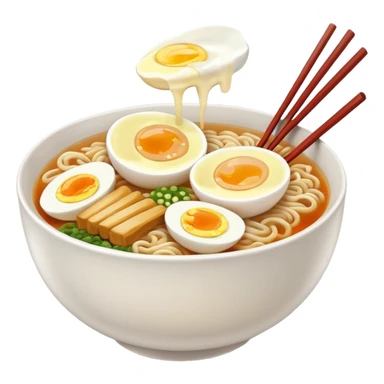 ["Bowl of ramen with soft-boiled egg and chopsticks."] sticker