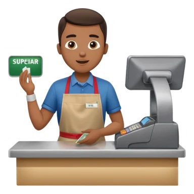 Supermarket employee at a cash register, full body, serving a man surprised sticker