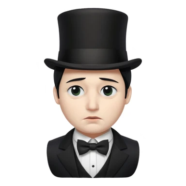 A man with snow white skin, a black half mask with an eye hole, a black top hat, a black vest with a black tie tucked underneath, and a white collared shirt. A frown, and closed eyes. sticker