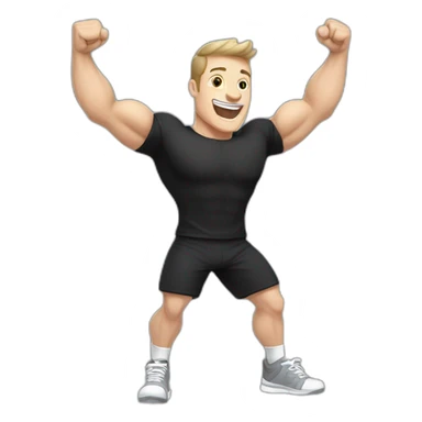 Joyful Celebrating victory Pale skinned Fit Man With the biceps and dark brown hair in black shirt, gray sports shorts and white Sneakers sticker