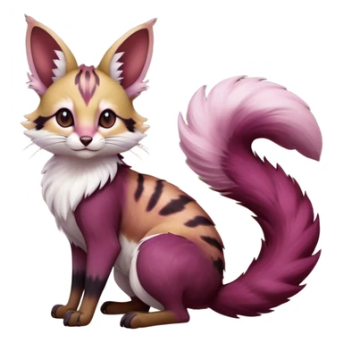 Hyper realistic  wine-dark burgundy fur melting into shadow-plum ombré smoke beautiful elegant pretty precious cute  Fakémon-Pokémon-opossum-feline-serval-caracal-chinchilla-Furret-Minccino-hybrid-creature with a big fluffy bushy tail (full body) sticker