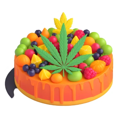 colorful frosted fruit cake with cannabis leaf on a plate sticker