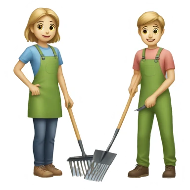 Boy and girl pulling a garden rake sticker