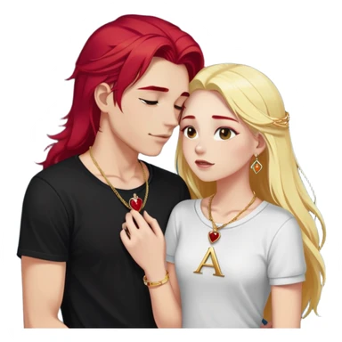 young 20 year old couple kissing, girl with long cherry red hair and blonde eyebrows wearing gold necklace with letter A, diamond gold ring, red bracelet and light clothes, boy with pure snow white hair wearing dark t-shirt and silver ring with black stone sticker