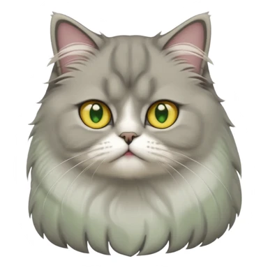 cute Persian cat with long gray fur, white patch on forehead, white chest, big yellow-green eyes, standing position, emoji style sticker