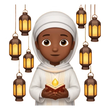 Personnage 3D mignon en style Pixar, un petit garçon portant un qamis blanc et un kufi, tenant un tapis de prière, entouré de lanternes brillantes, fond doux, couleurs chaudes, garçon teint noir sticker