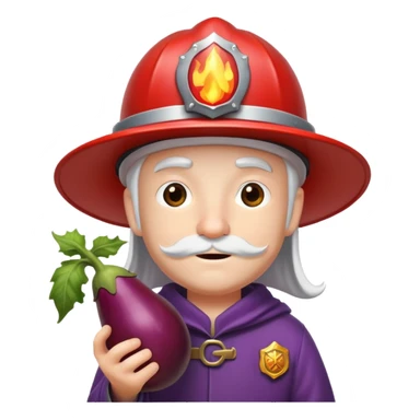 Wizard with a firefighter hat and holding a eggplant sticker