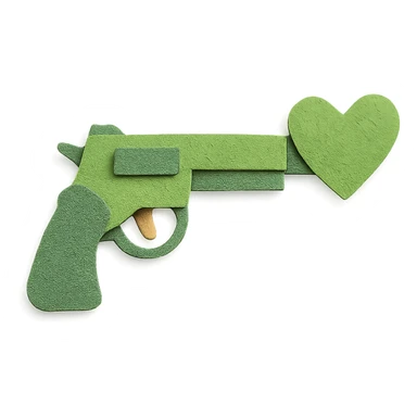 green heart pistol, paper craft style, layered paper textures, handmade look sticker