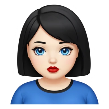 plus size teenage girl with a black bob haircut, side parted, blue eyes, black eyeshadow, red lipstick, wearing a black shirt, emoji style sticker