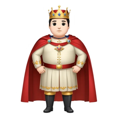 Full body of tall, chubby Francisco I with black hair, royal king standing in royal attire with crown and cape, elongated figure sticker