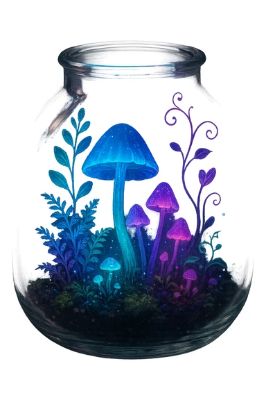 tiny enchanted terrarium with glowing plants sticker