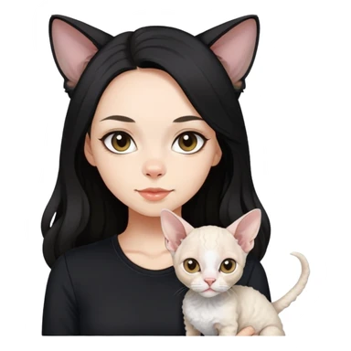a  girl with black long hair with a white devon rex with black shirt sticker