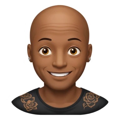 This is a cartoon-style avatar of a bald man with dark skin, golden-brown eyes, and several tattoos on his face, smiling with a friendly expression. sticker
