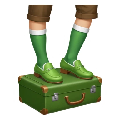 Feet with white socks wearing green slippers standing on a briefcase sticker