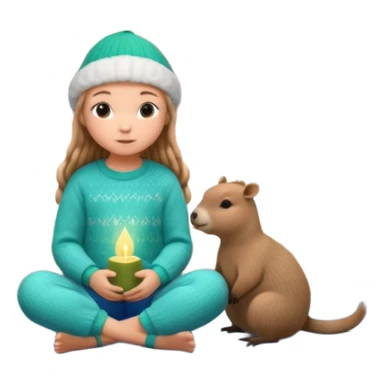 A cute 11-year-old girl with light brown braids in front, wearing emerald green cozy sweater and blue pajama pants, sitting with a fluffy capybara wearing a tiny knitted hat, warm pastel illustration style, soft lighting, Moscow Kremlin spire visible through window in background, 3D render sticker