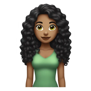 long curly black hair, full body head to toe, eyes with a hint of green, eyes positive  canthal tilt ,medium thick eyebrows , and thin lips, round face shape, soft jawline, full body, teen, sensual, american, woman, well defined feminine body sticker