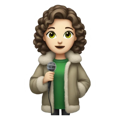 girl with white skin short brown hair and green eyes holding a microphone wearing a fluffy coat sticker