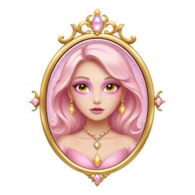 fantasy female character representing RAN Cosmetic, high-fashion makeup, glowing skin, magical sparkling powder, golden mirror, pastel pink and gold tones, elegant and mysterious sticker