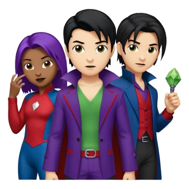 Solo poly platonic relationship, one African girl, one Asian boy, one biracial features Asian tomboy girl rat-tail hair long and upper masculine hair 90s, vampire and marvel cosplay elements inspired  use marvel colours, like instead of obvious human, green purple blue etc,  sticker