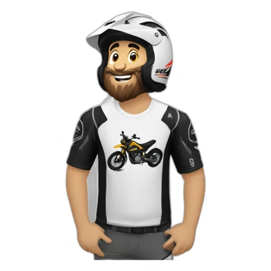 Chico medio gordo canoso blanco con barba  sobre una moto de enduro con remera negra con lobo BMS  sticker