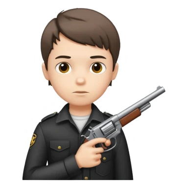 boy with an Edgar haircut holding a gun sticker