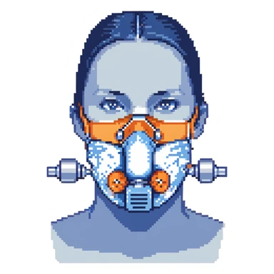 Pixelated blue VO2 max face mask with breathing tubes and valves, no person sticker