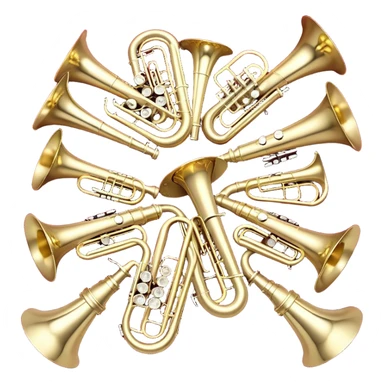 Create a festive and elegant emoji collage featuring a bouquet or fan of brass instrument bells (trumpets, saxophones, trombones, etc.) arranged in a radiant, symmetrical pattern. The instruments should have polished, golden and silver finishes, with their large, shiny bells forming a beautiful, fan-like display. Include a flowing ribbon of musical notes swirling through the center, conveying movement and melody. The background should feature a deep red velvet texture, adding a touch of luxury and sophistication. The overall composition should be balanced, with an elegant and regal feel, with a transparent background to keep focus on the instruments and musical elements. sticker