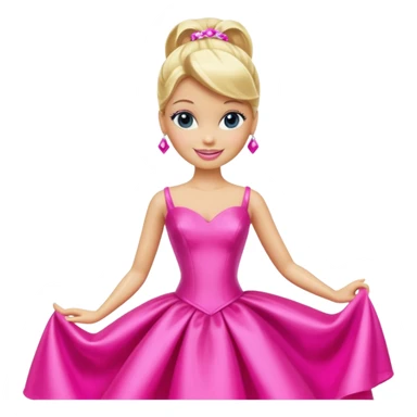 En klassisk blond modedukke med høj hestehale, iført en glamourøs hot pink aftenkjole, skinnende plastik-tekstur, smilende, ikonisk legetøjs-æstetik. sticker