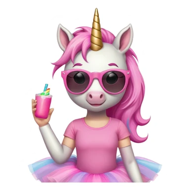 friendly anthropomorphised female unicorn with horse-like face, in tutu and pink t-shirt, wearing dark sunglasses, relaxed pose, close-crop head and shoulders sticker