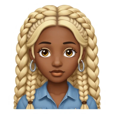 A dark-skinned woman with long blonde hair styled into two thick braids, large golden-brown eyes and arched eyebrows.  a silver eyebrow ring, a nose stud, and a lip ring. sticker