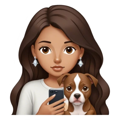 ￼ a young girl with long dark brown hair cascading down her face. It’s with her phone in her hands, sitting next to her pitbull with a small diamond nose ring in her nose. sticker