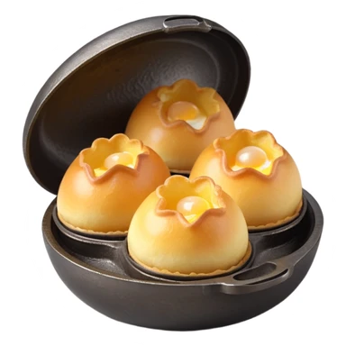 3D rendered authentic Hong Kong egg puffs (港式鸡蛋仔) being made in traditional iron mold, half-open showing bubble formation, golden batter, hyper-realistic texture sticker
